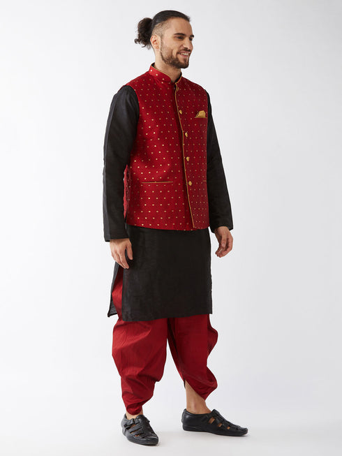 Vastramay Men's Maroon Zari Weaved Jacket With Kurta Dhoti Set